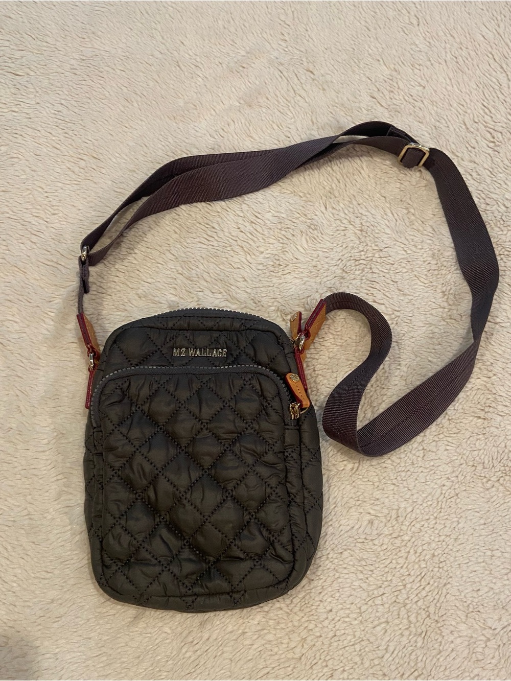 MZ Wallace Quilted Nylon Small Crossbody Bag Gray Leather Trim